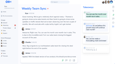 Otter.ai weekly team sync interface displaying real-time transcript, speaker breakdown, and AI-generated meeting takeaways.
